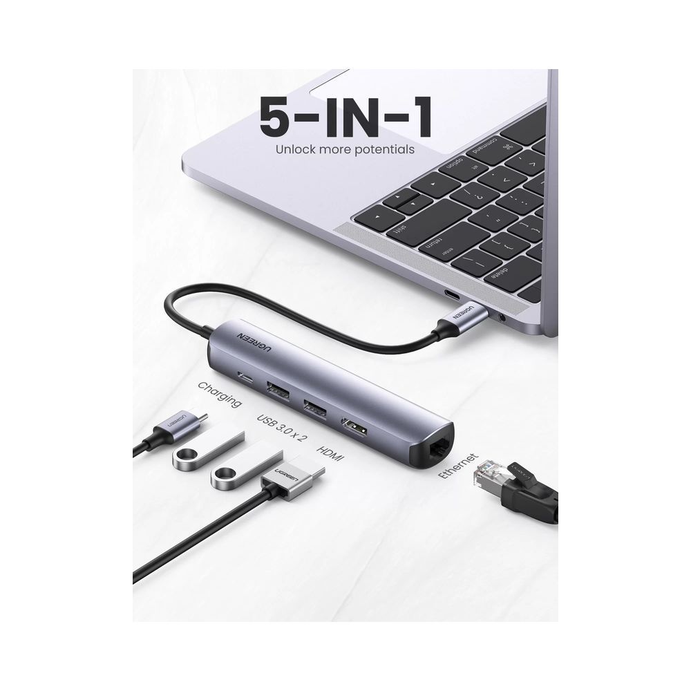 Hub adaptador USB-C Ugreen 5-en-1 RJ45, HDMI, USB 3.0, USB-C (10919)